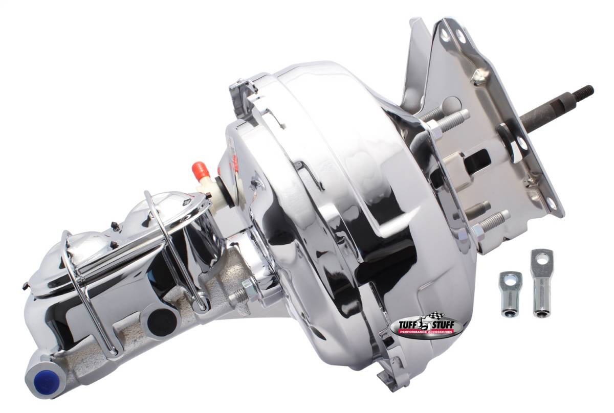 Tuff Stuff Performance - Brake Booster w/Master Cylinder 11 in. 1 in. Bore Dual Diaphragm w/PN[2018] Dual Rsvr. Master Cyl. 10x1.5 Metric Studs 3/8 in.-16 Pedal Rod Threads Chrome 2132NA-2