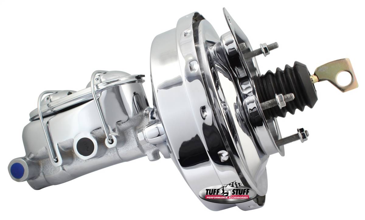 Tuff Stuff Performance - Brake Booster w/Master Cylinder 9 in. 1 in. Bore Single Diaphragm w/PN[2018] Dual Rsvr. Master Cyl. Incl. (5) 3/8 in.-16 Mtg. Studs-1 Is Offset Chrome 2125NA-2