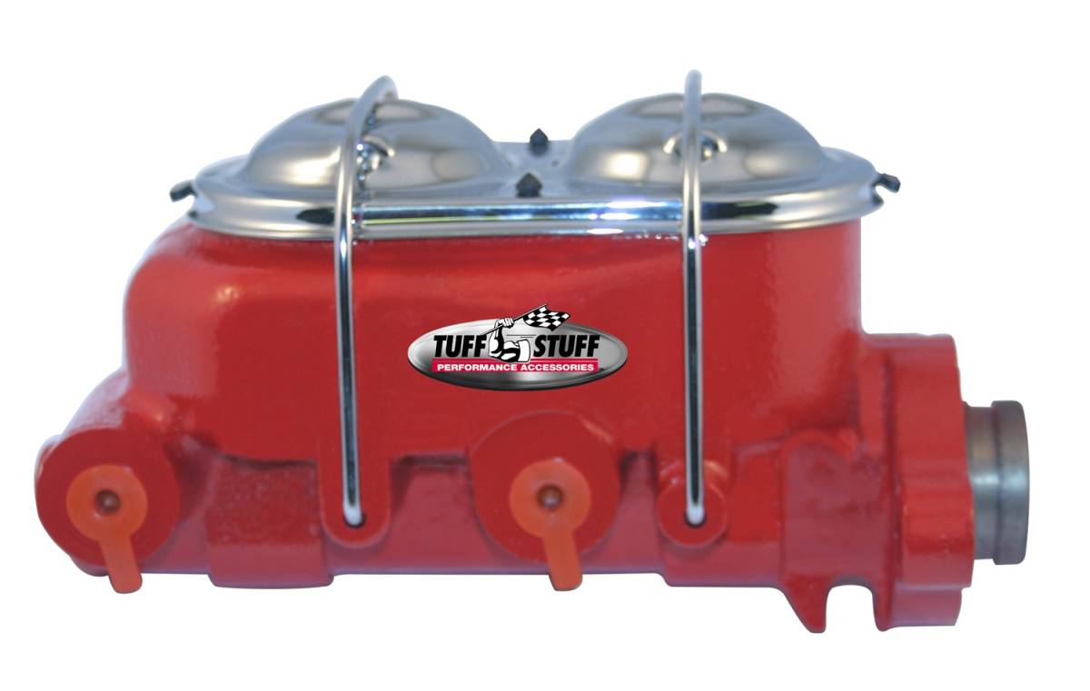 Tuff Stuff Performance - Brake Master Cylinder Dual Reservoir 1 in. Bore Dual 3/8 in. Ports On Both Sides 3 3/8 in. Mounting Hole Spacing Shallow Hole Red Powdercoat 2020NCRED