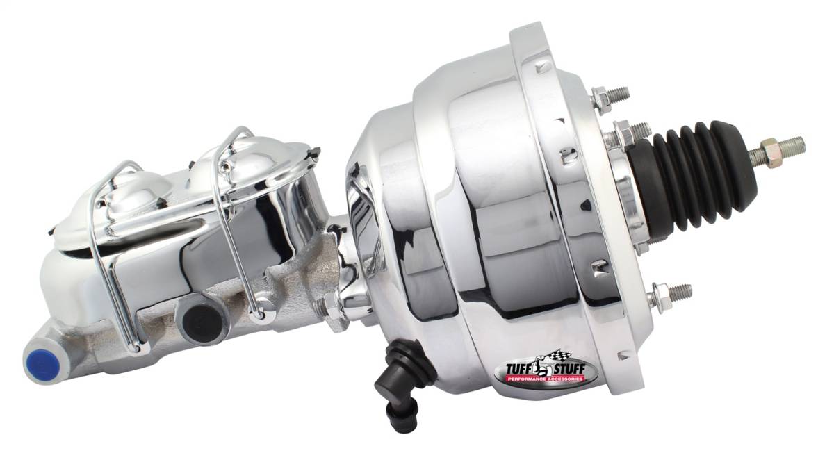 Tuff Stuff Performance - Brake Booster w/Master Cylinder Univ. 8 in. 1 in. Bore Dual Diaphragm w/PN[2020] Dual Rsvr. Master Cyl. Incl. 3/8 in.-16 Mtg. Studs/Hardware Chrome 2123NA-1