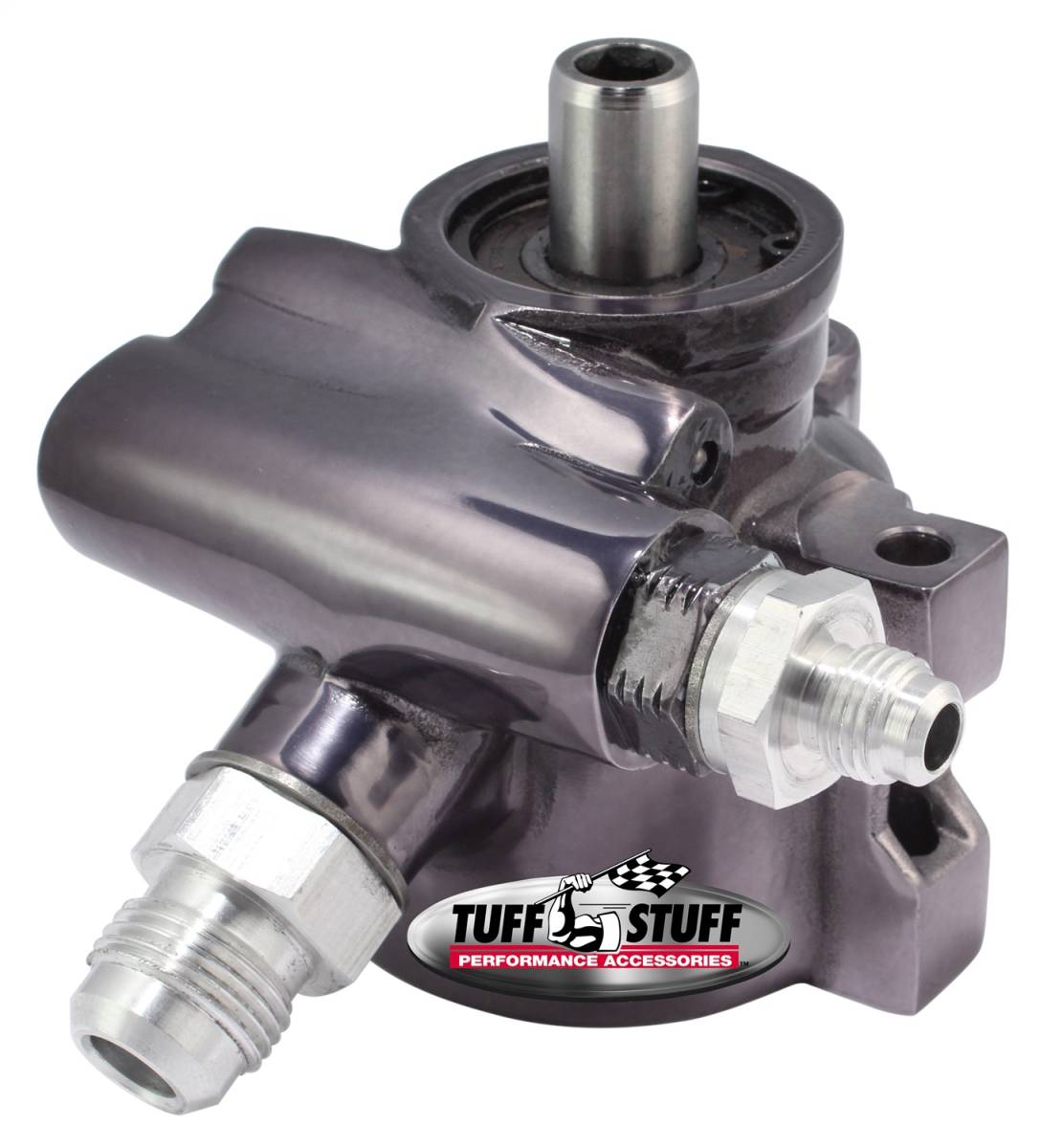 Tuff Stuff Performance - Type II Alum. Power Steering Pump AN-6 And AN-10 Fitting 8mm Through Hole Mounting Aluminum For Street Rods/Custom Vehicles w/Limited Engine Space Black Chrome 6175ALP77