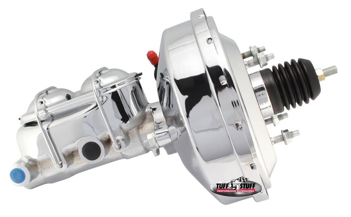 Tuff Stuff Performance - Brake Booster w/Master Cylinder Univ. 9 in. 1 in. Bore Single Slim Line Diaphragm w/PN[2018] Dual Rsvr. Master Cyl. Incl. Mtg. Bracket Chrome 2131NA-2