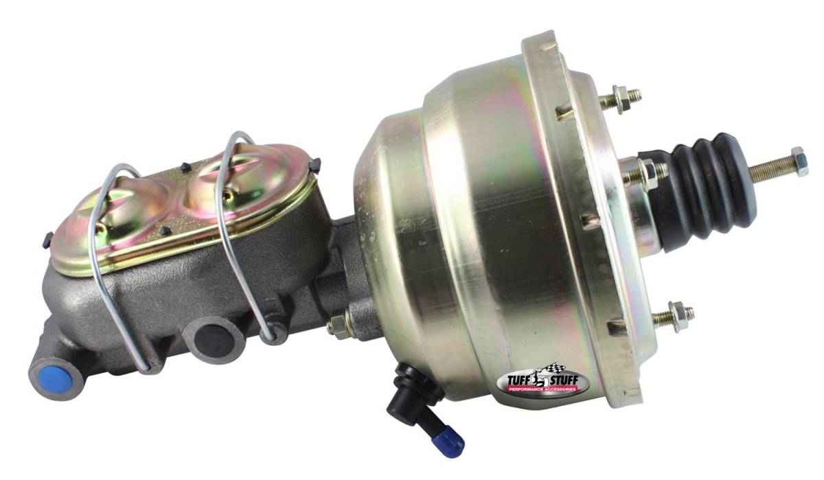 Tuff Stuff Performance - Brake Booster w/Master Cylinder Univ. 8 in. 1 1/8 in. Bore Dual Diaphragm w/PN[2071] Dual Rsvr. Master Cyl. Incl. 3/8 in.-16 Mtg. Studs/Hardware Gold Zinc 2123NB