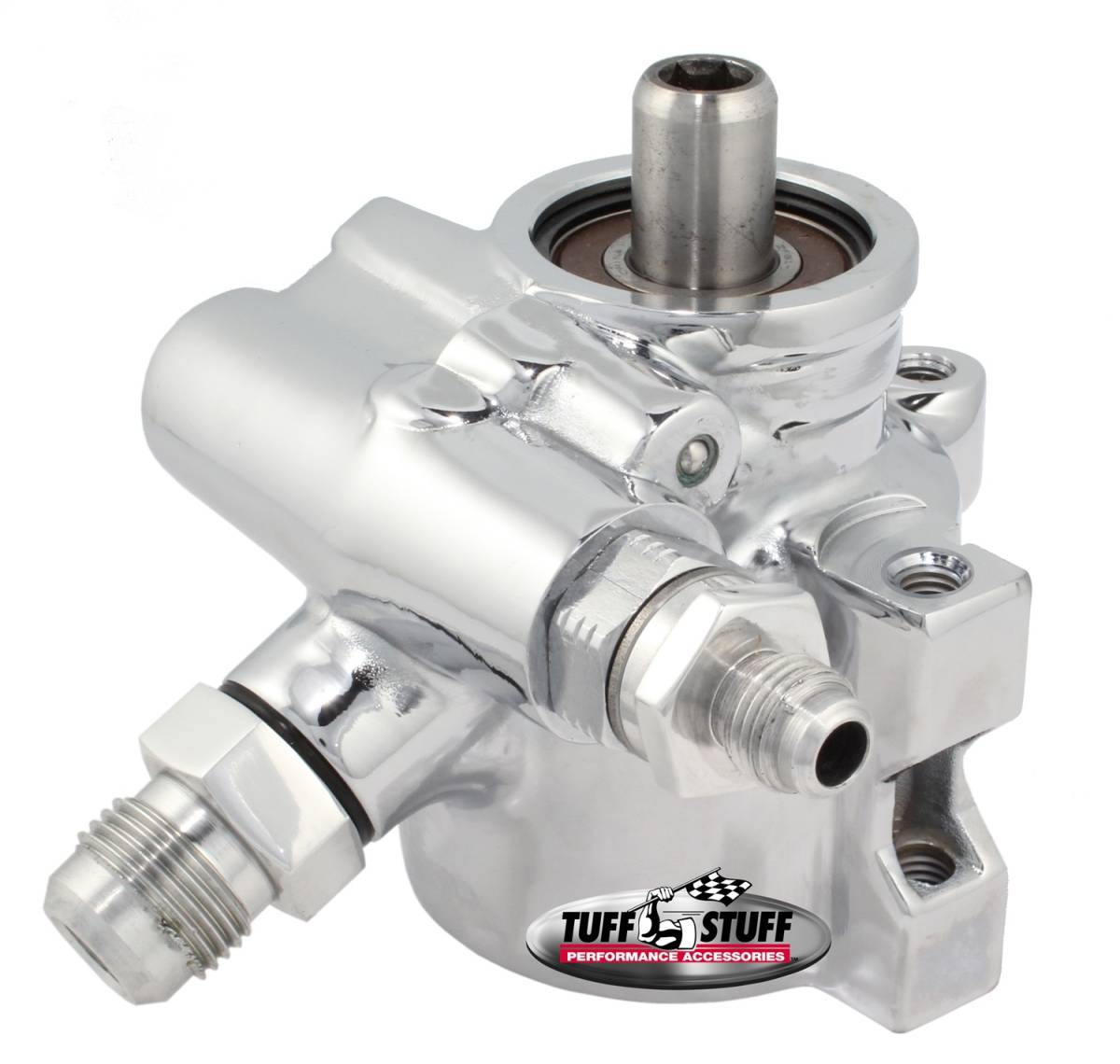 Tuff Stuff Performance - Type II Alum. Power Steering Pump w/AN Fittings Threaded Mounting Top Pressure Port 1200 PSI Chrome 6175ALD-2