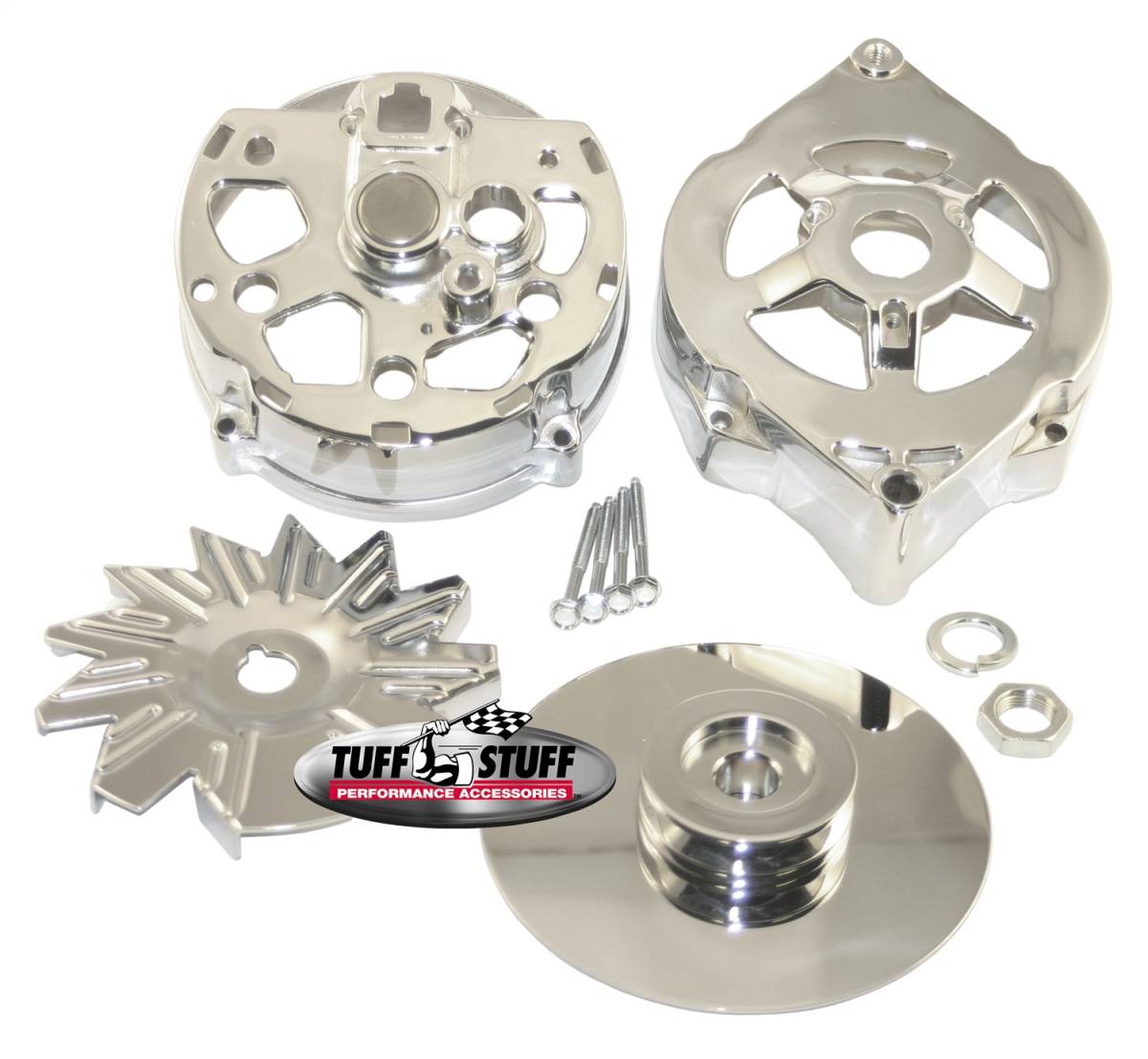 Tuff Stuff Performance - Alternator Case Kit Fits GM 10DN And Tuff Stuff Alternator PN[7102] Incl. Front And Rear Housings/Fan/Pulley/Nut/Lockwashers/Thru Bolts Chrome Plated 7500B