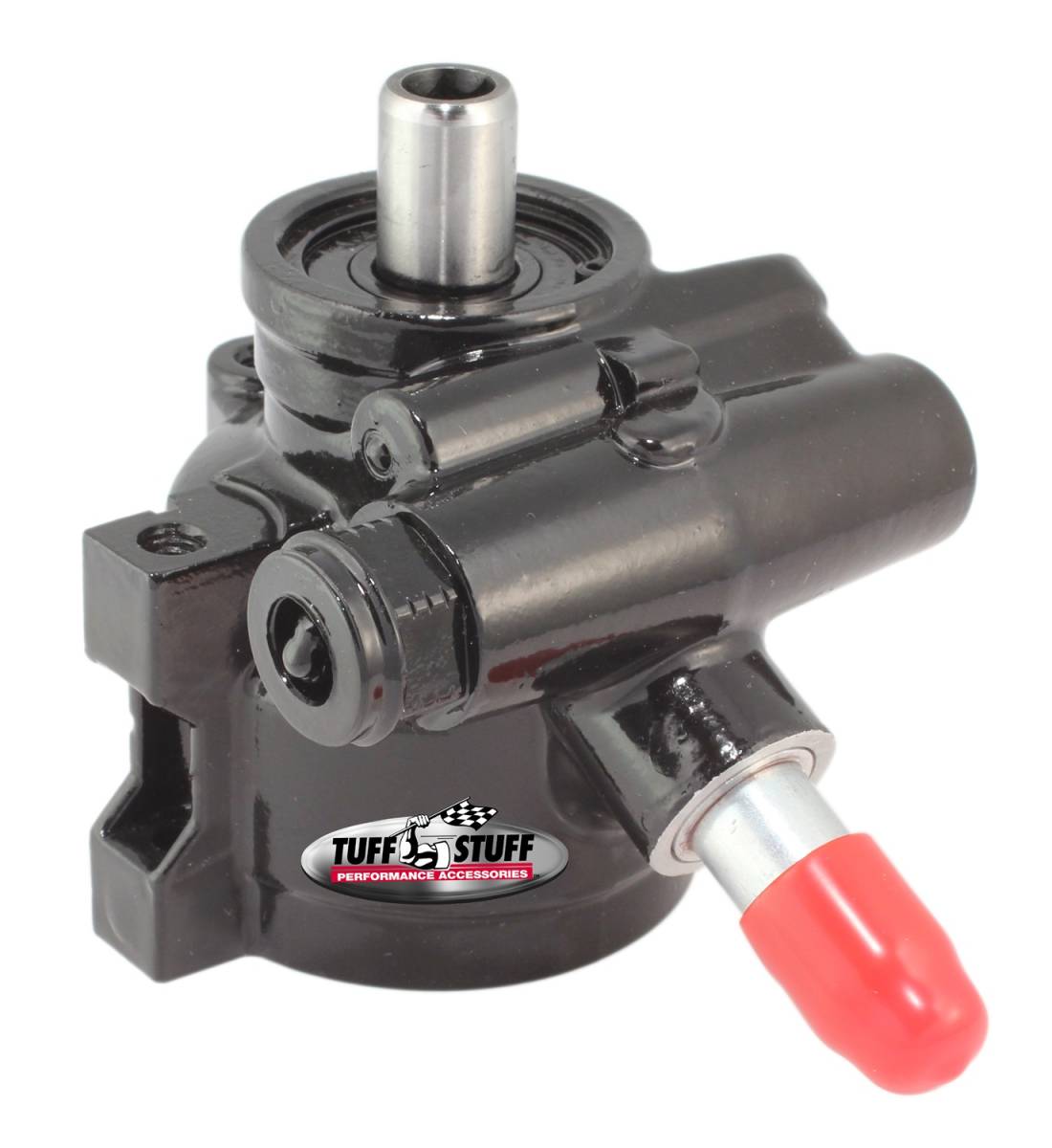 Tuff Stuff Performance - Type II Alum. Power Steering Pump M16 And 5/8 in. OD Return Tube M8x1.25 Threaded Hole Mounting Btm Pressure Port For Street Rods/Custom Vehicles w/Limited Engine Space Black 6170ALB-4