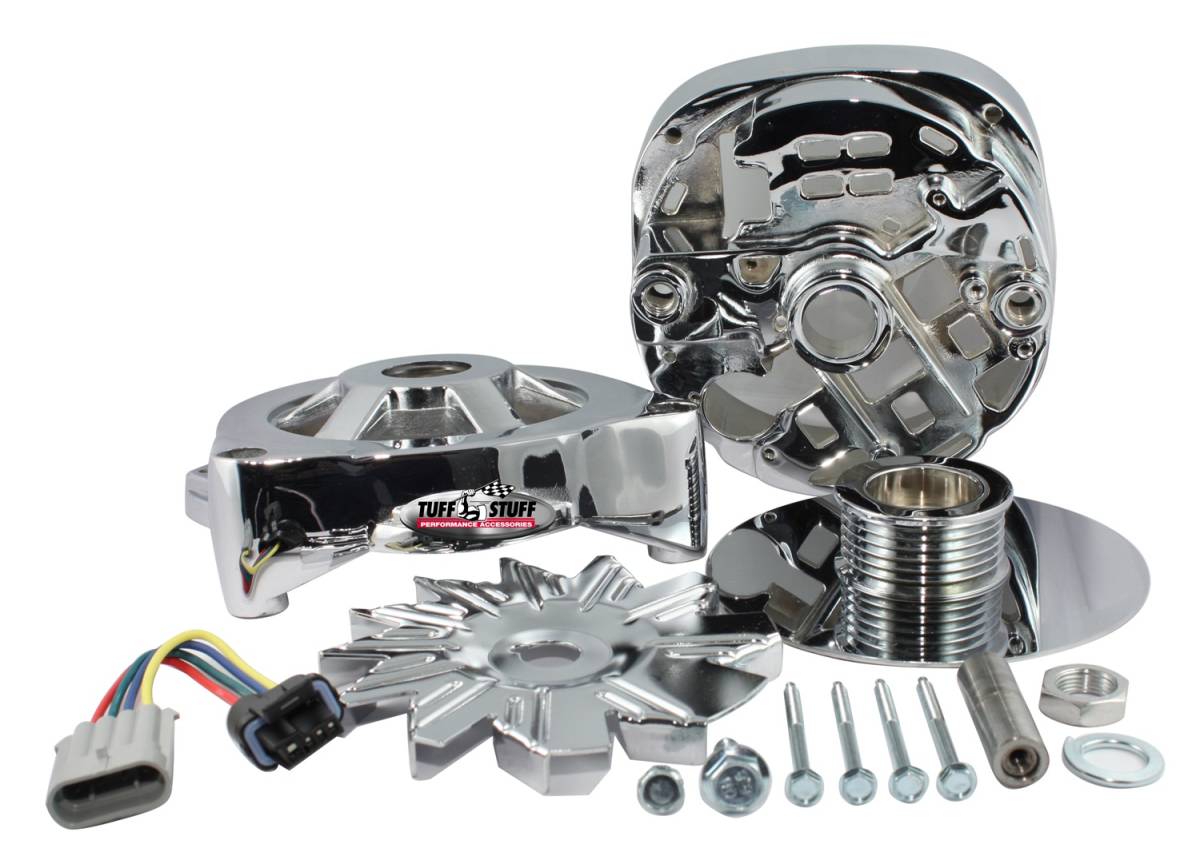 Tuff Stuff Performance - Alternator Case Kit Fits GM CS144 And Tuff Stuff Alternator PN[8219] Incl. Front And Rear Housings/Fan/Pulley/Nut/Lockwashers/Thru Bolts Chrome Plated 7500M