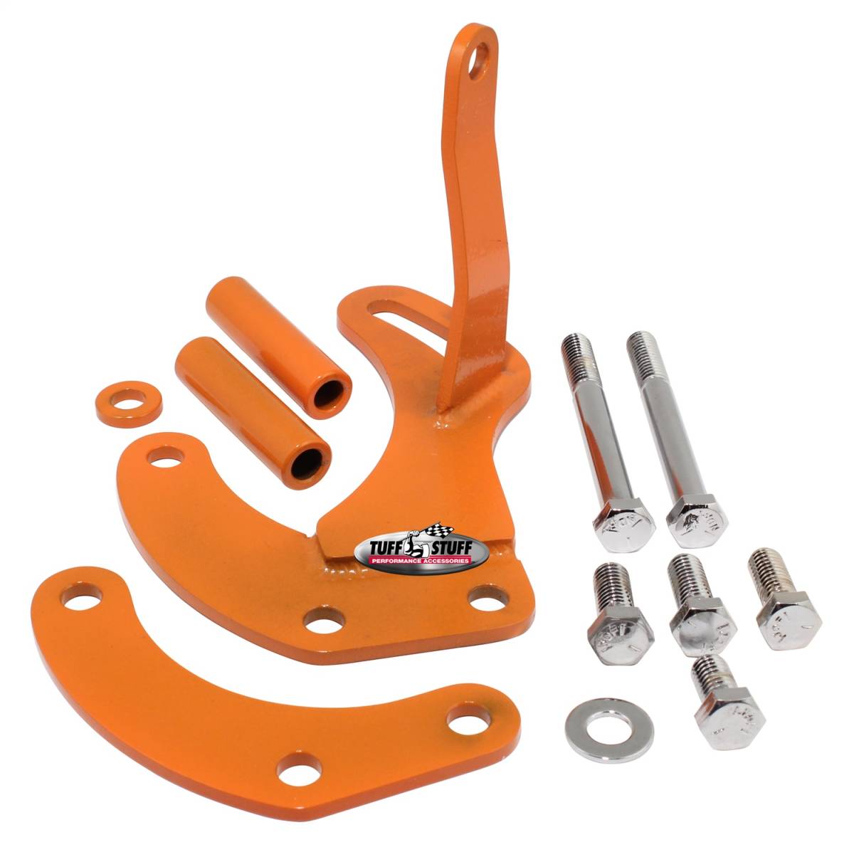 Tuff Stuff Performance - Power Steering Pump Bracket Short Fits Tuff Stuff Saginaw Style Power Steering Pumps w/Hardware Orange Powdercoat 6504BORANGE