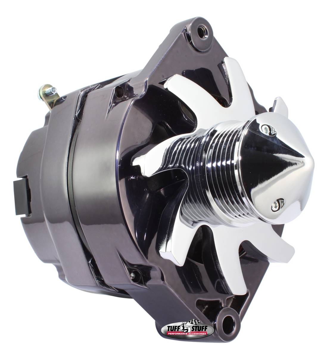 Tuff Stuff Performance - Silver Bullet Alternator 100 AMP OEM Or 1 Wire 6 Groove Pulley 4.85 in. Case Depth Lower Mount Boss 2 in. Long Black Chrome 7139ABULL6G7