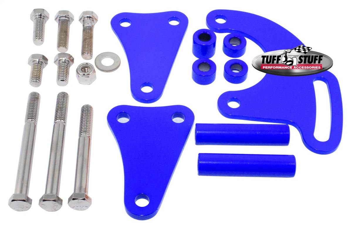 Tuff Stuff Performance - Power Steering Pump Bracket Long Fits Tuff Stuff Saginaw Style Power Steering Pumps w/Hardware Blue Powdercoat 6508BBLUE