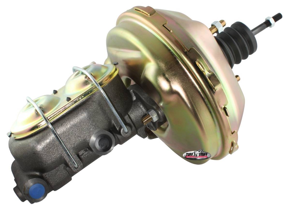 Tuff Stuff Performance - Brake Booster w/Master Cylinder 9 in. 1 in. Bore Single Diaphragm w/PN[2018] Dual Rsvr. Master Cyl. (3) M10-1.5 x 28MM Metric Studs Gold Zinc 2133NB-2