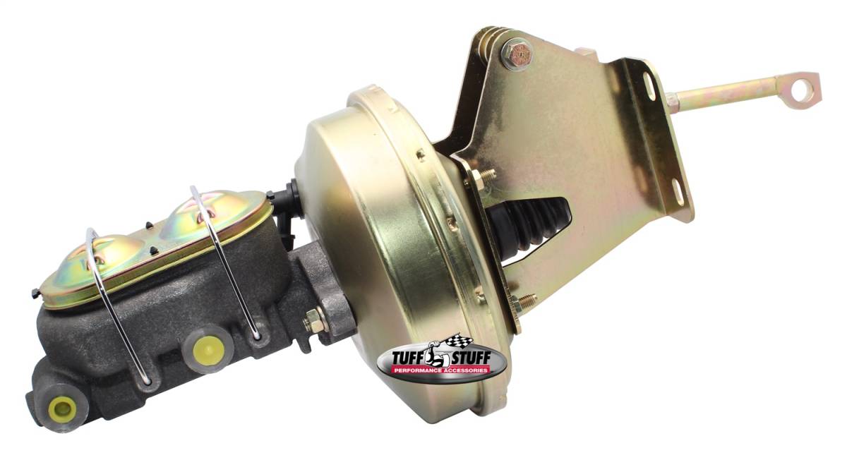 Tuff Stuff Performance - Brake Booster w/Master Cylinder Univ. 9 in. 1 in. Bore Single Slim Line Diaphragm w/PN[2020] Dual Rsvr. Master Cyl. Incl. Mtg. Bracket Gold Zinc 2131NBJ-1