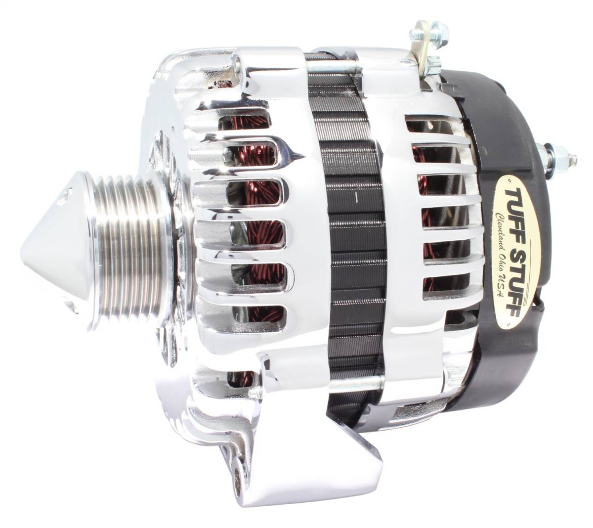 Tuff Stuff Performance - Silver Bullet Alternator 225 AMP OEM Wire 6 Groove Bullet Pulley 2 Pin Voltage Regulator Chrome 8302CBULL6G