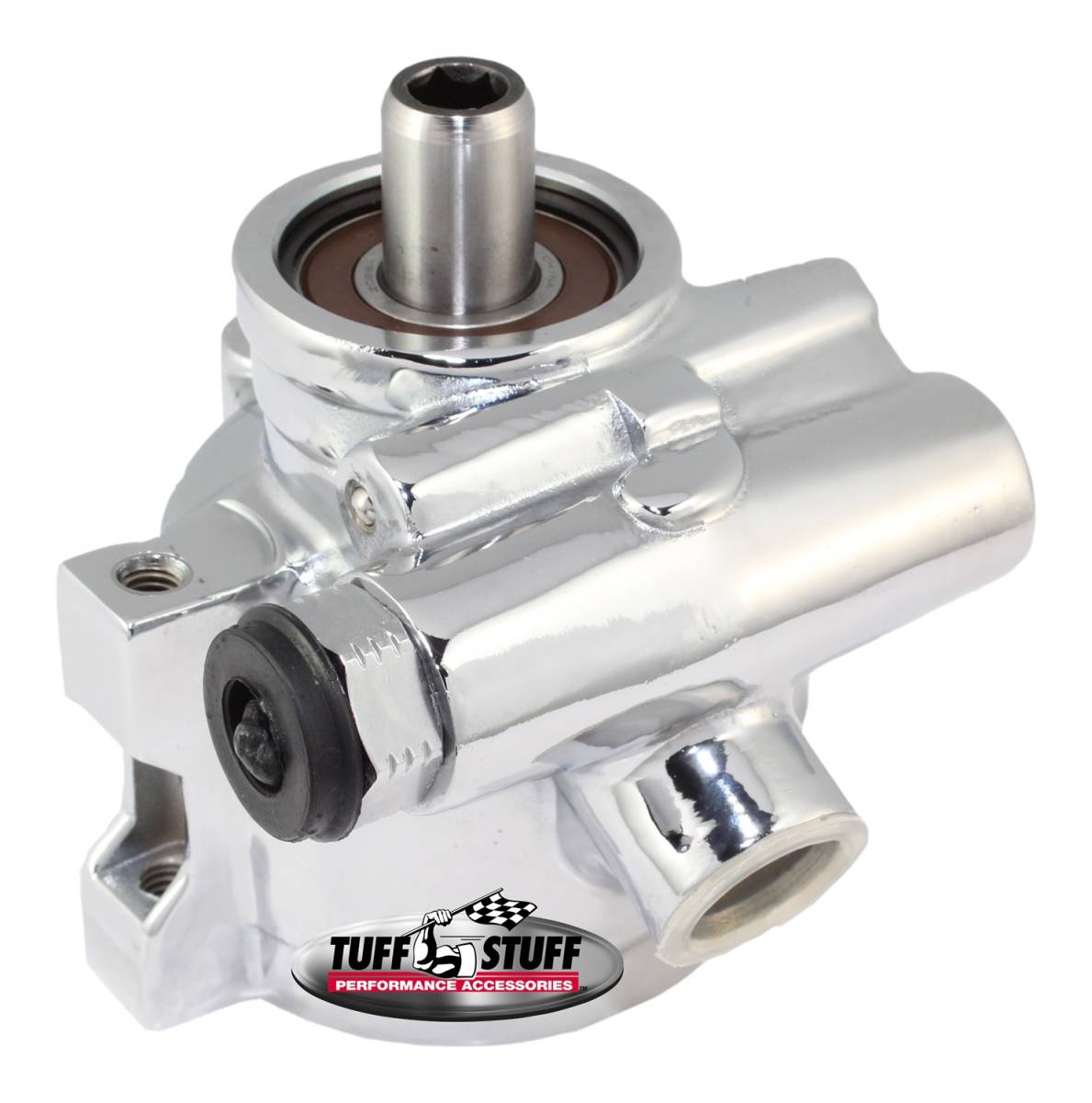 Tuff Stuff Performance - Type II Alum. Power Steering Pump GM Pressure Slip Threaded Mounting Bottom Pressure Port 1200 PSI Chrome 6170ALD-1