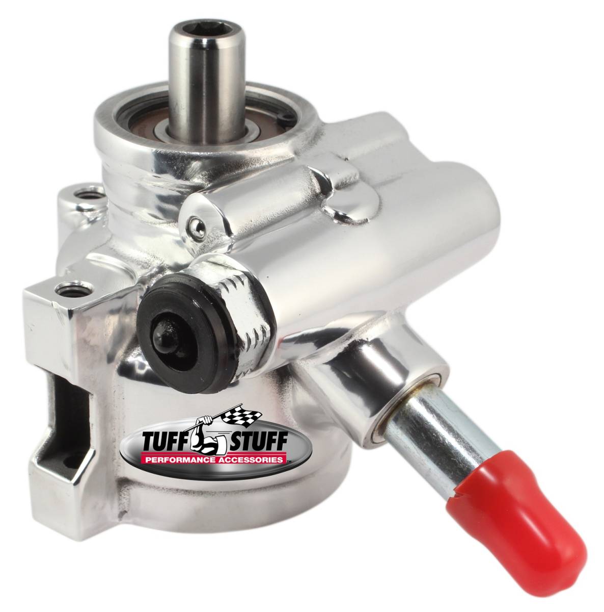 Tuff Stuff Performance - Type II Alum. Power Steering Pump M16 And 5/8in. OD Return Tube M8x1.25 Threaded Hole Mtg Btm Pressure Port For Street Rods/Custom Vehicles w/Limited Engine Space Polished 6170ALP-4