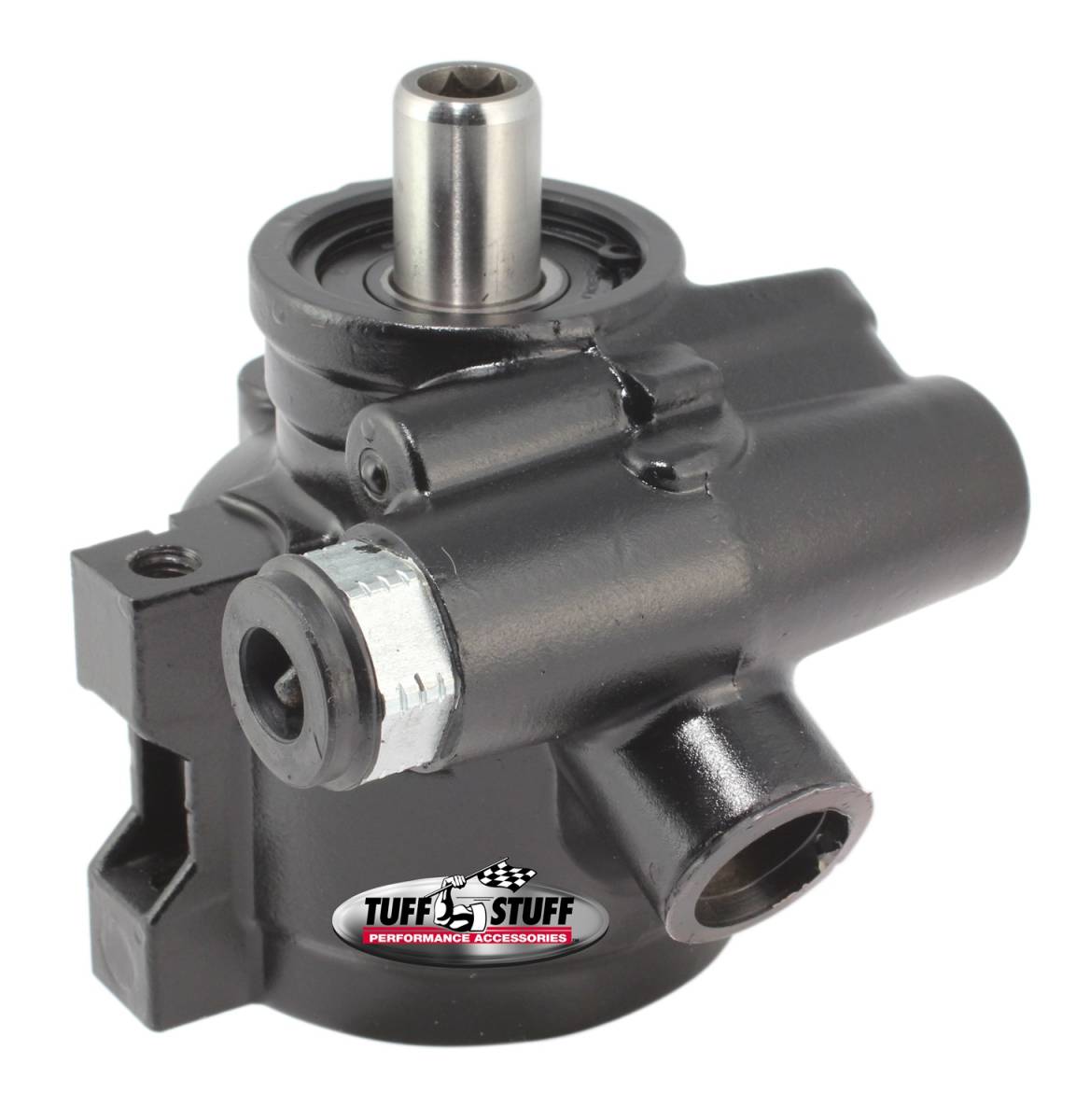 Tuff Stuff Performance - Type II Alum. Power Steering Pump GM Pressure Slip Fitting M8x1.25 Threaded Hole Mounting Btm Pressure Port For Street Rods/Custom Vehicles w/Limited Engine Space Black 6170ALB-1