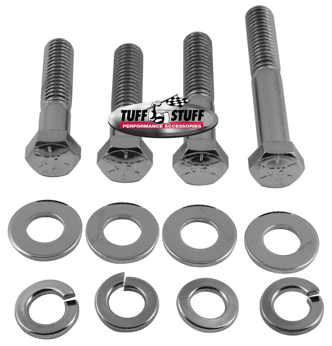 Tuff Stuff Performance - Water Pump Bolt Kit Chrome Hex Incl. (2) 3/4 in.-16x1 3/4 in./(1) 3/4 in.-16x2 in./(1) 3/8 in.-16x2 1/2 in. Bolts/(4) Lock And (4) Flat Washers 7677A