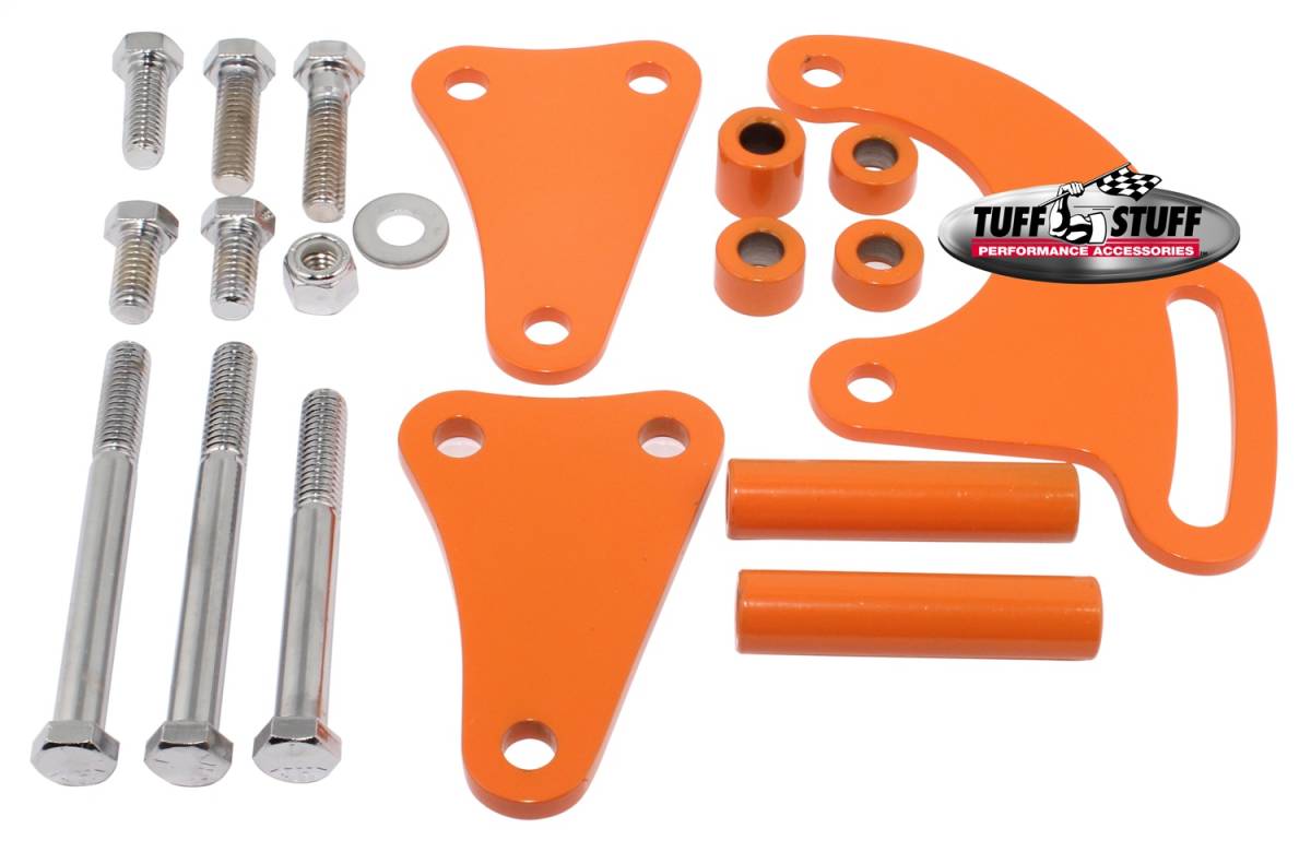 Tuff Stuff Performance - Power Steering Pump Bracket Long Fits Tuff Stuff Saginaw Style Power Steering Pumps w/Hardware Orange Powdercoat 6508BORANGE